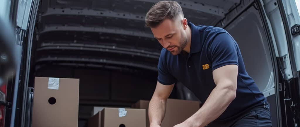man wearing dark blue polo shirt arranging boxes inside a van