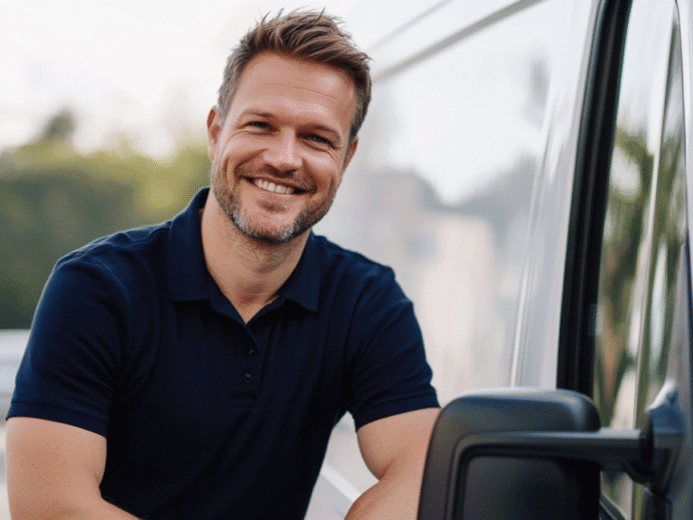 A man and van staff in mid-40s standing at the side of the white relocation van