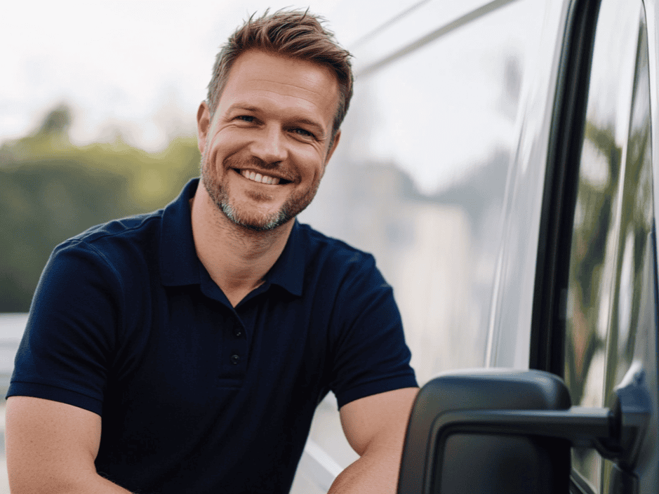 A man and van staff in mid-40s standing at the side of the white relocation van