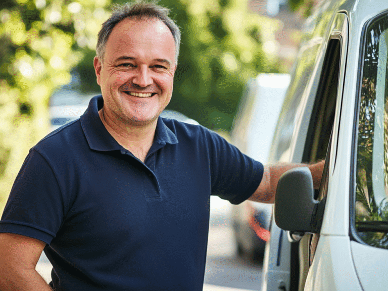 A moving crew standing at the side of the van smiling at the camera