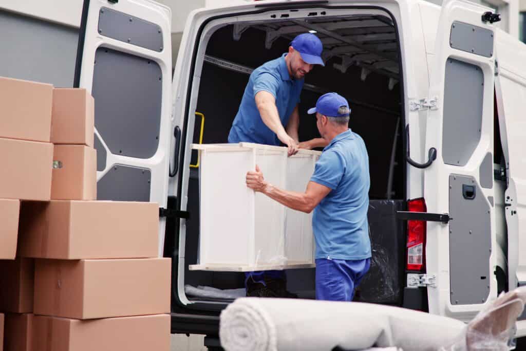 Two movers loading a white van on a moving day